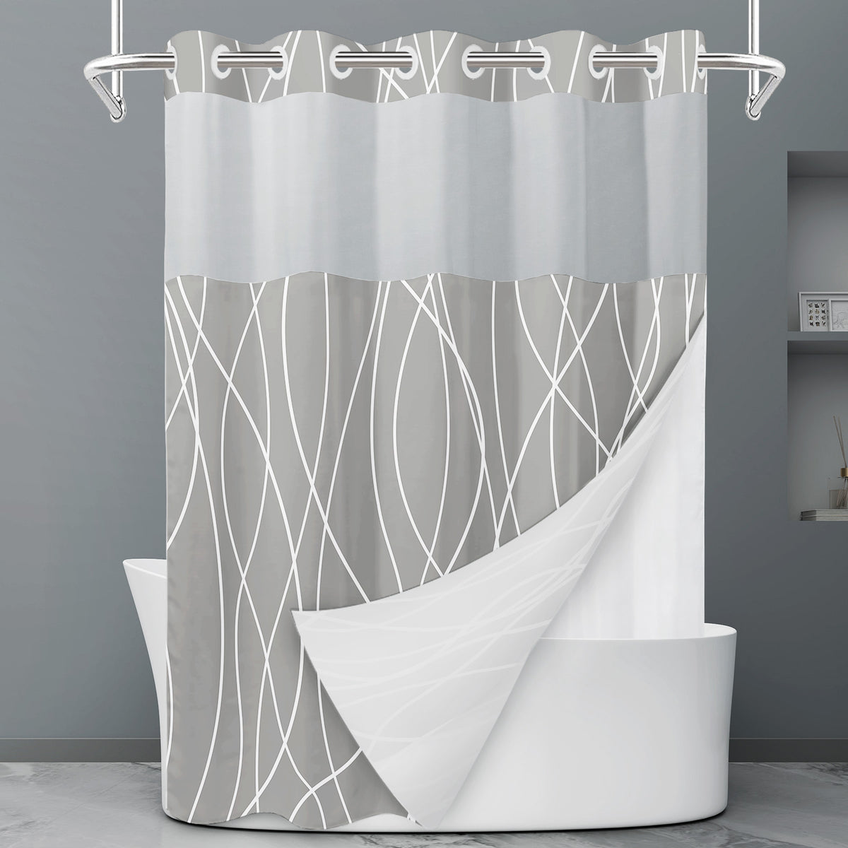 SIXLON Ringless Shower Curtain with Snap-in Liner, Gray White, 71 x 74 Inch