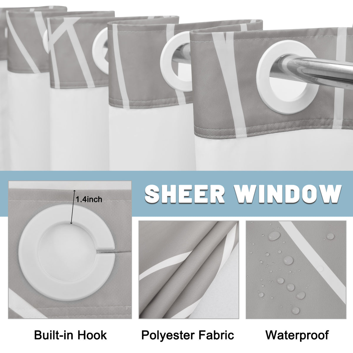 SIXLON Ringless Shower Curtain with Snap-in Liner, Gray White, 71 x 74 Inch