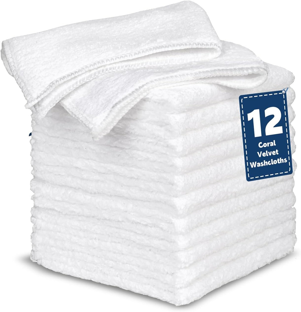 SIXLON Coral Velvet White Washcloths 12 Pack, Highly Absorbent and Soft