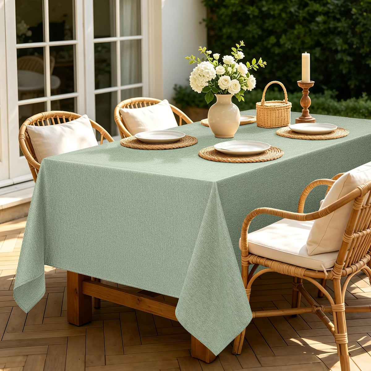 SIXLON Sage Green Linen Textured Tablecloth Rectangular 52 x70 Inch