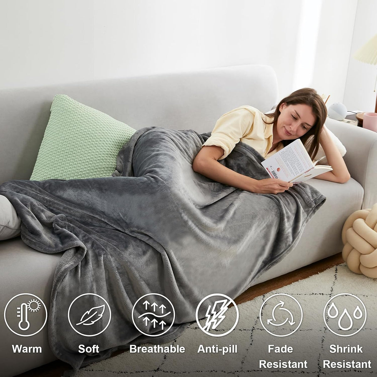SIXLON Twin Grey Fleece Blanket, Soft Flannel Bed Blanket
