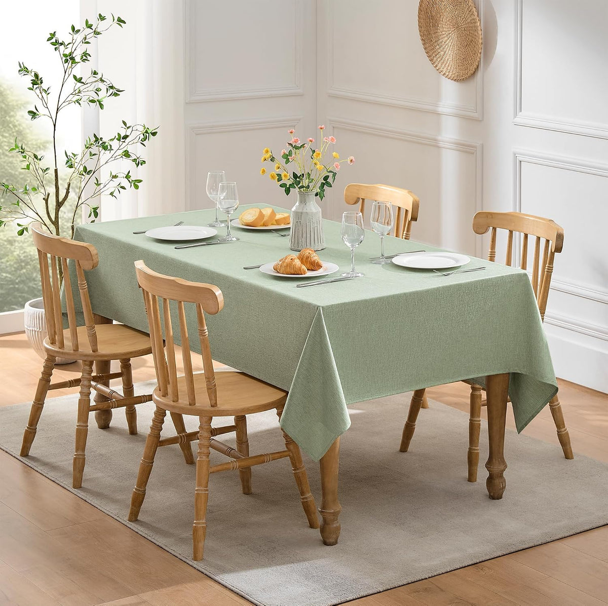 SIXLON Sage Green Linen Textured Tablecloth Rectangular 52 x70 Inch