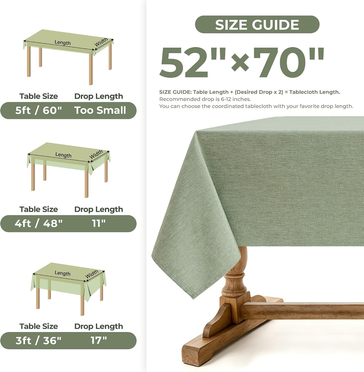 SIXLON Sage Green Linen Textured Tablecloth Rectangular 52 x70 Inch
