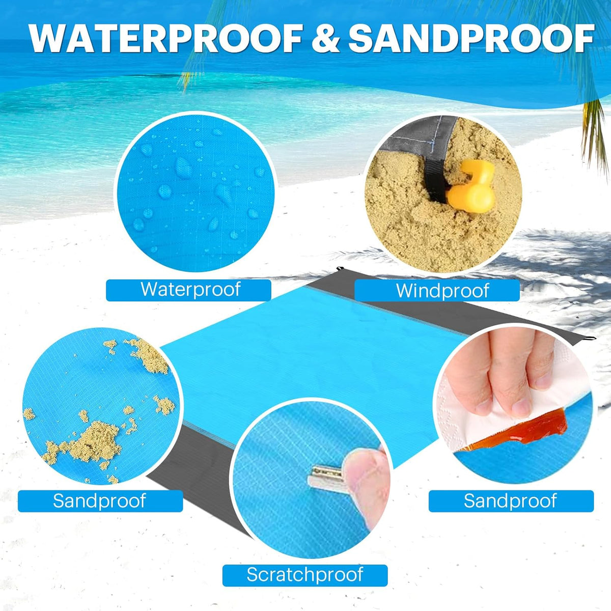 SIXLON Beach Blanket Sandproof Oversized, 79''×83'' Extra Large Beach Mat, Portable Picnic Mat for Travel Camping Hiking, Lightweight Beach Essentials Family Water Resistant Mat