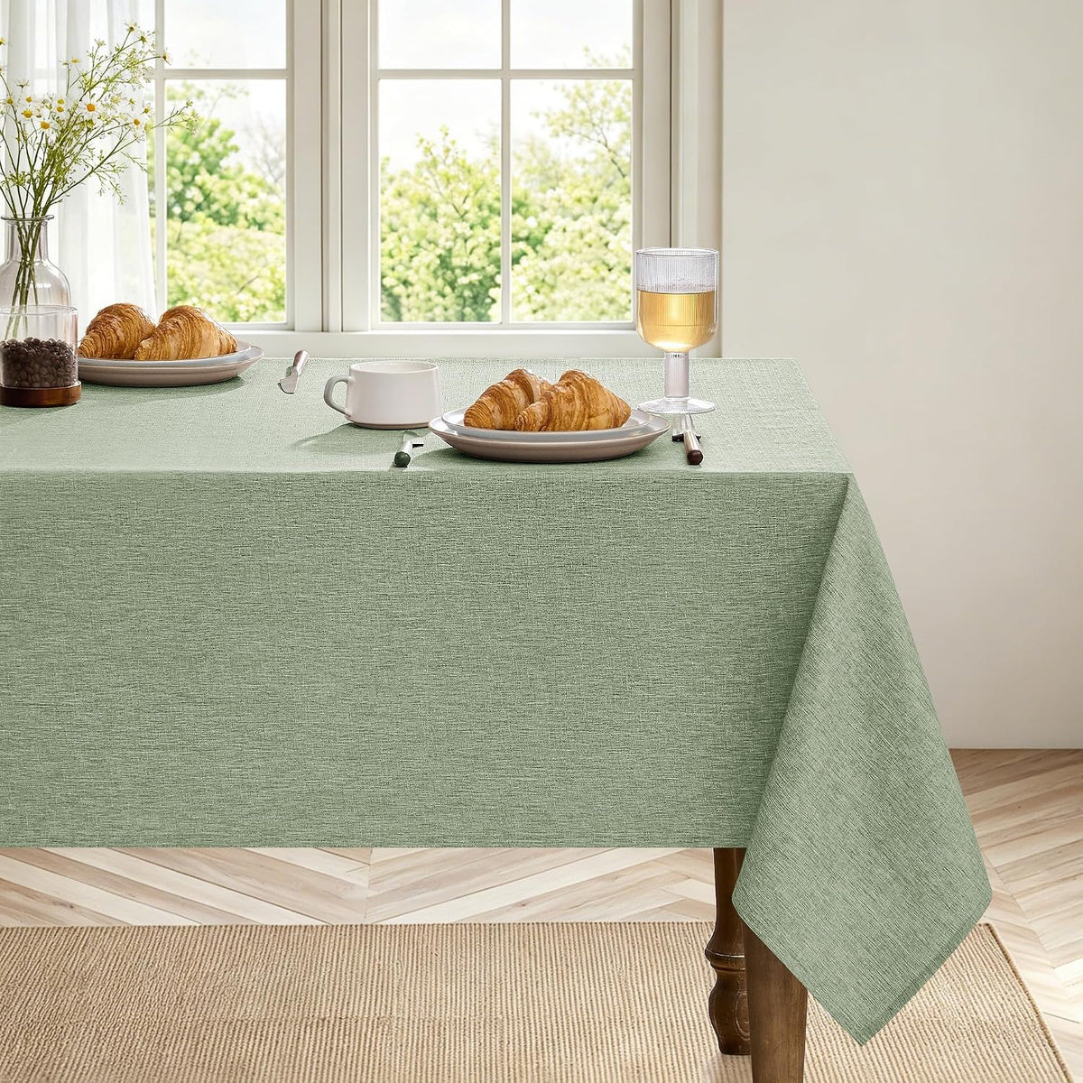 SIXLON Sage Green Linen Textured Tablecloth Rectangular 52 x70 Inch