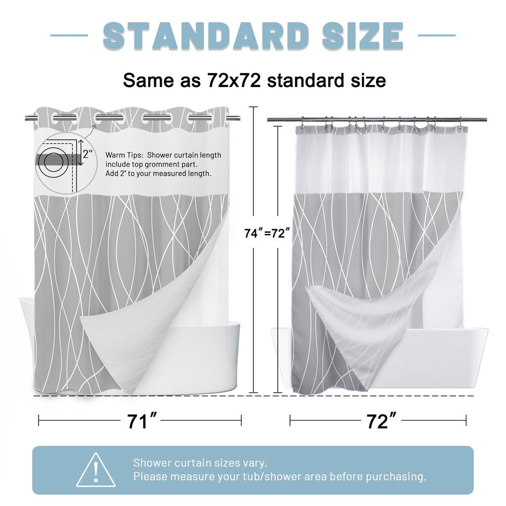 SIXLON Ringless Shower Curtain with Snap-in Liner, Gray White, 71 x 74 Inch