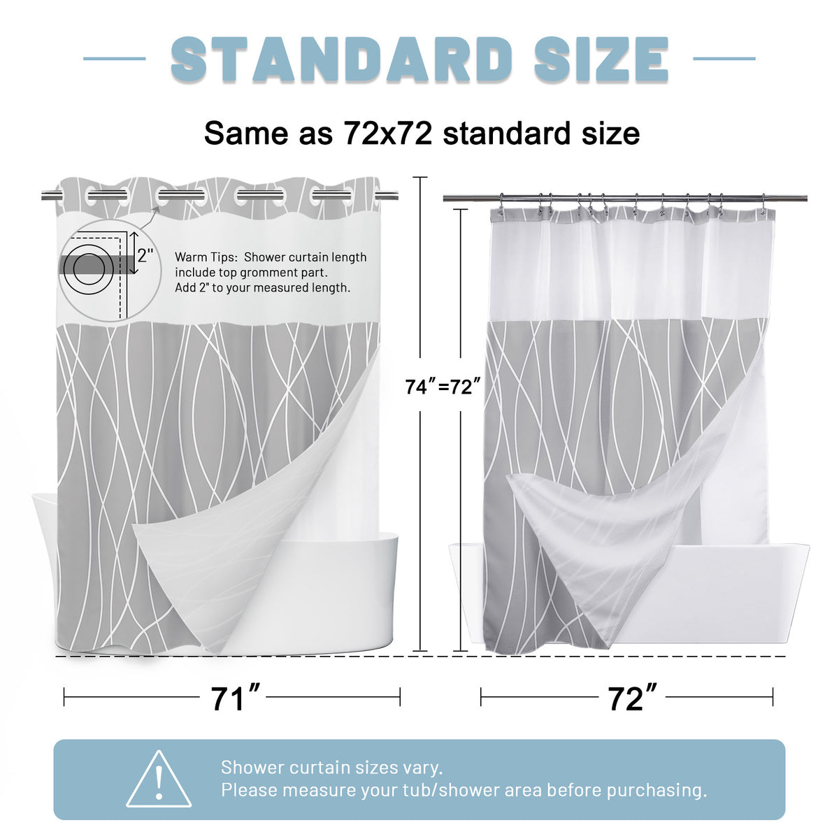 SIXLON Ringless Shower Curtain with Snap-in Liner, Gray White, 71 x 74 Inch